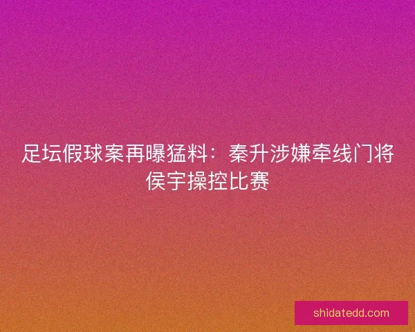 足坛假球案再曝猛料：秦升涉嫌牵线门将侯宇操控比赛